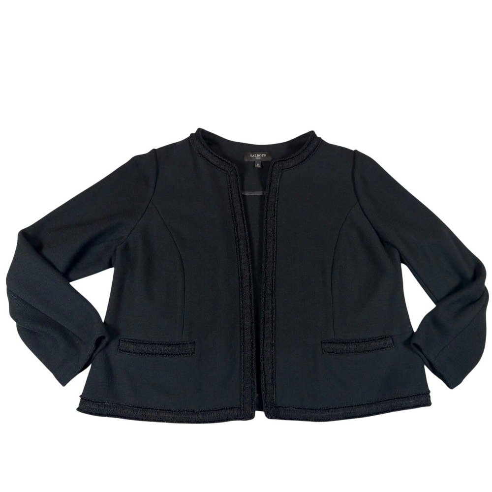 Talbots Black Textured Knit Fringe Trim Open Front Jacket 2X VN4889 Quiet Luxury